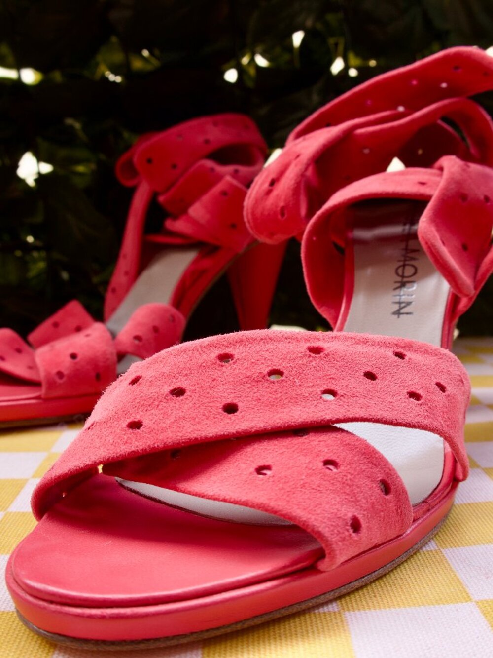 Vintage Manuela Morin Le Flesh Coral Suede Perforated Ankle Tie Heels Size 38 - Picture 2 of 16